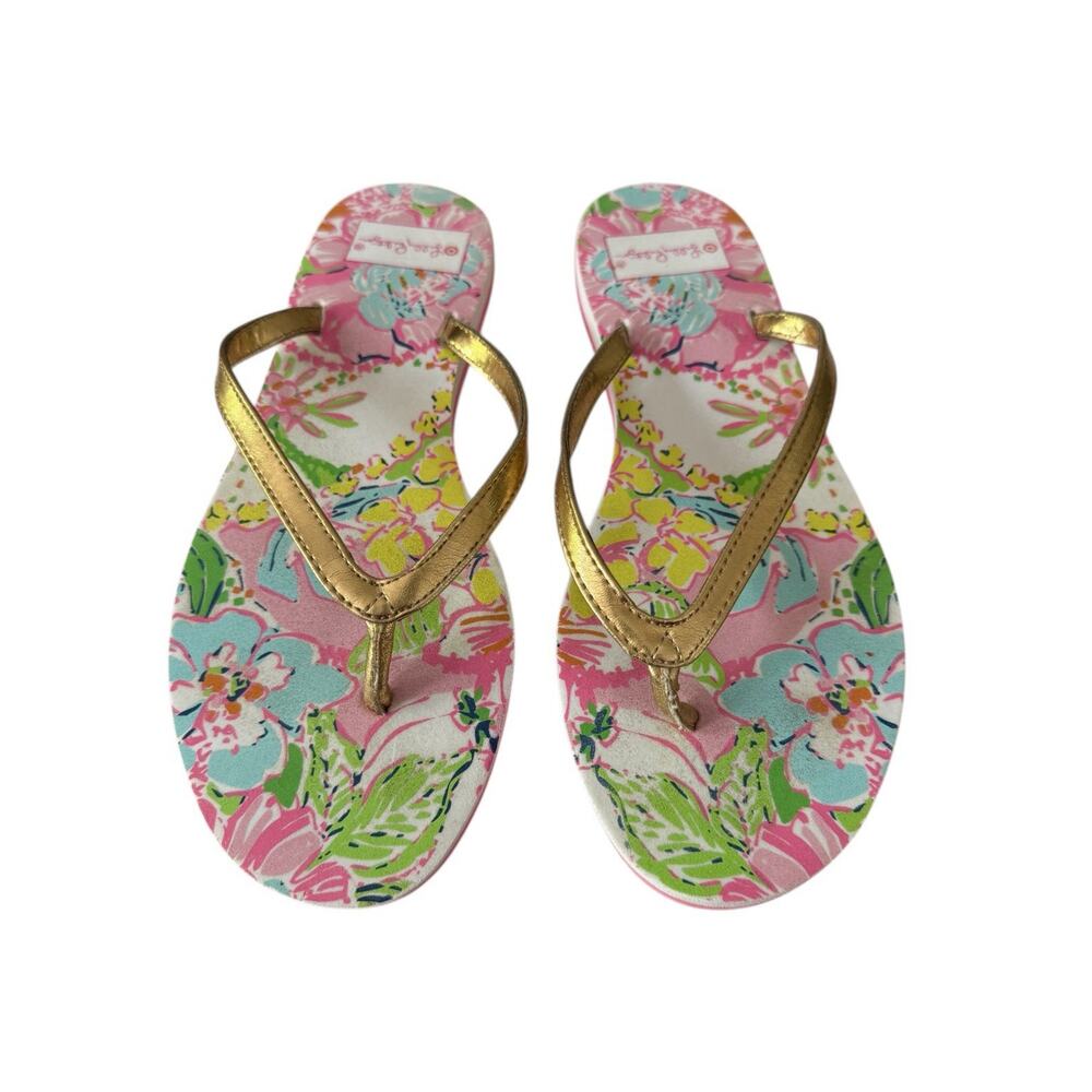 Lilly Pulitzer Flip Flop Sandals Thong Womens 8 Floral Nosey Posey Gold Toe Post - Picture 4 of 7